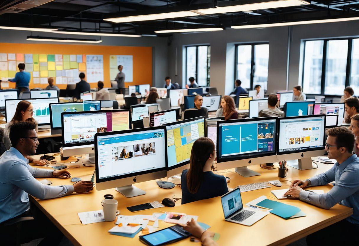 A split scene showcasing a bustling office on one side with professionals collaborating at a long table, laptops open and coffee cups around, while the other side depicts remote workers on video calls with digital collaboration tools displayed on their screens. Include elements like sticky notes, charts, and colorful icons representing productivity apps. Bright and engaging atmosphere to highlight teamwork. vibrant colors. super-realistic.
