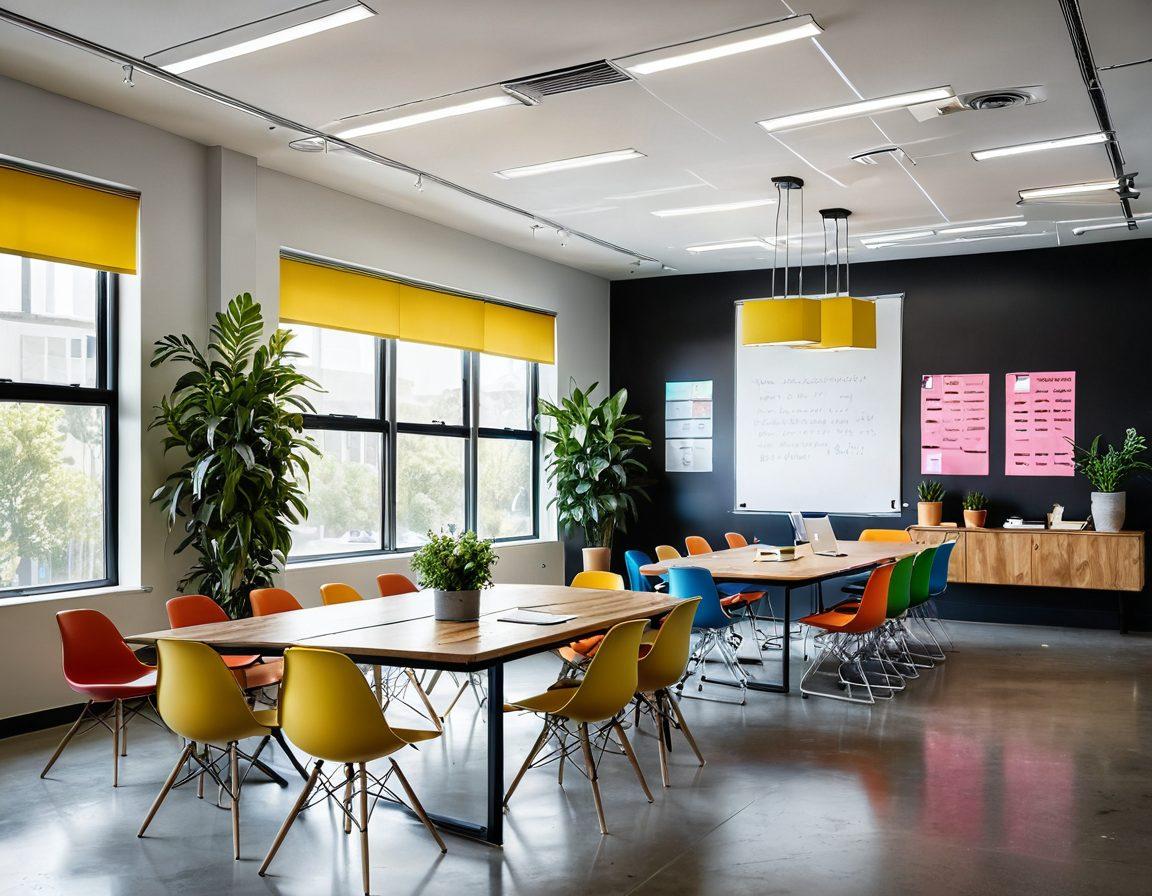 A modern, stylish office space featuring a large wooden table surrounded by comfortable chairs, collaboration tools and team members engaged in discussion. Natural light pouring in through large windows, plants strategically placed for a fresh atmosphere, and colorful sticky notes on a whiteboard symbolizing brainstorming. Include a laptop and notepads to signify productivity. minimalistic design. vibrant colors. super-realistic.